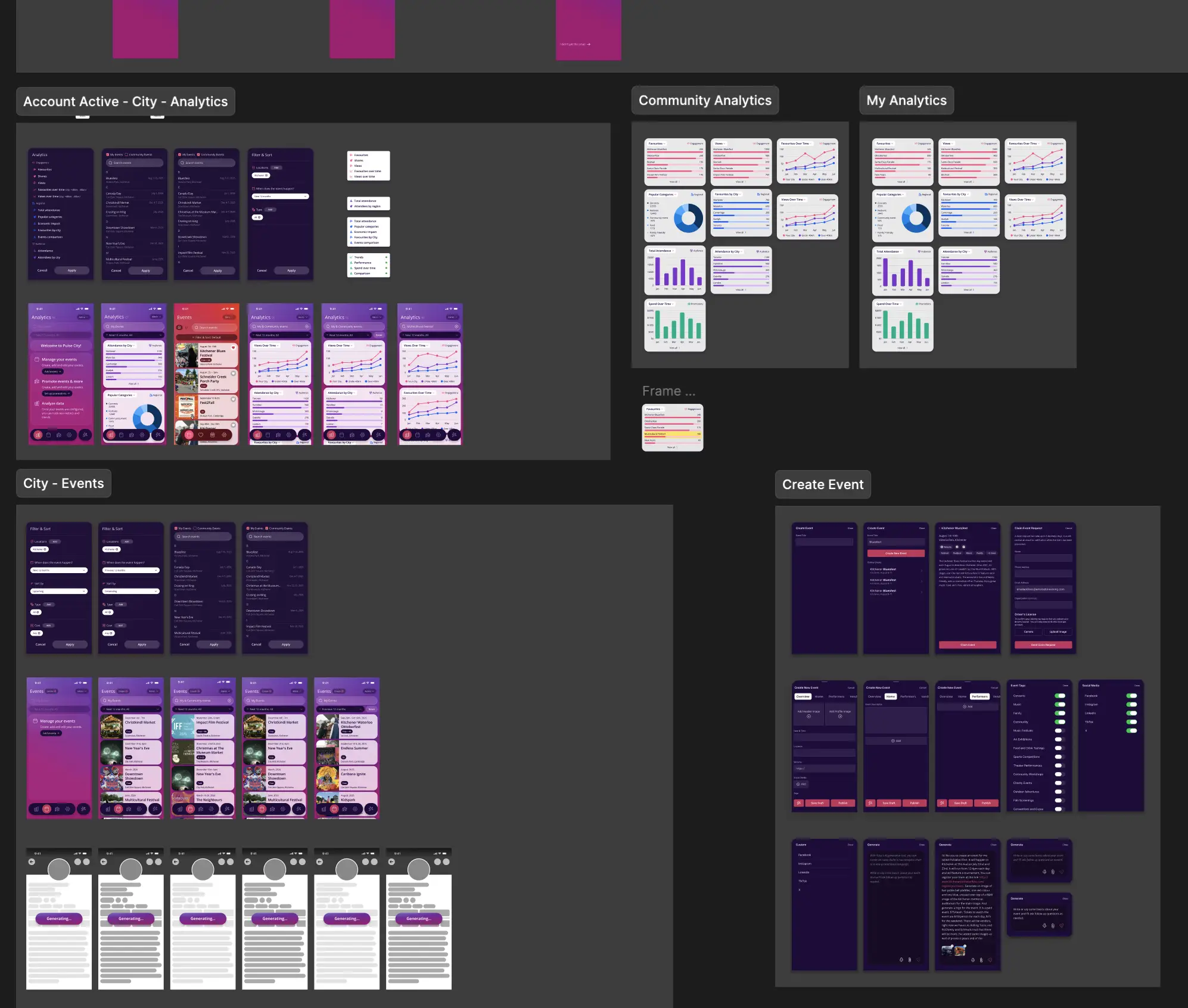 Mobile app design in progress Design software showing multiple app screen layouts